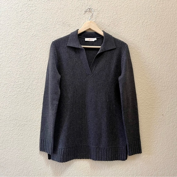 Tory Burch Sweater Henley Melange Wool Honeycomb Classic Minimalist Academia M - Picture 2 of 8